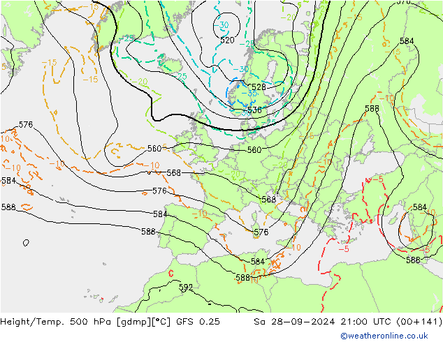 Z500/Regen(+SLP)/Z850 GFS 0.25 za 28.09.2024 21 UTC