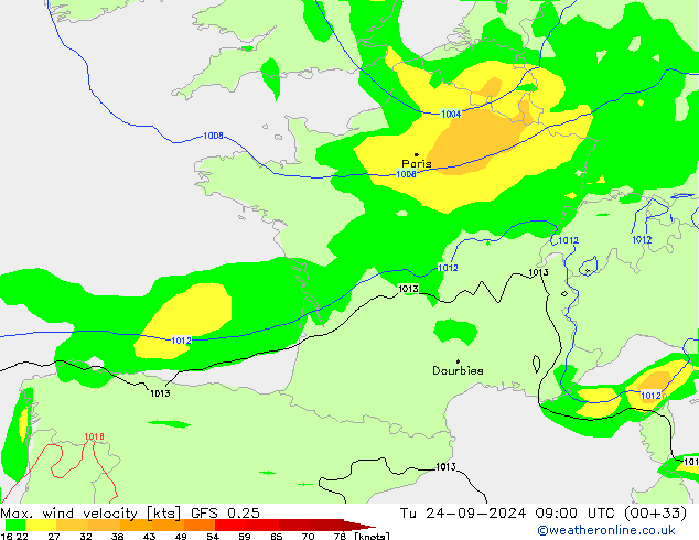 Max. wind velocity GFS 0.25 Út 24.09.2024 09 UTC