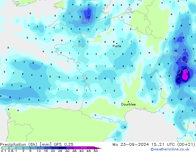 Z500/Rain (+SLP)/Z850 GFS 0.25 lun 23.09.2024 21 UTC