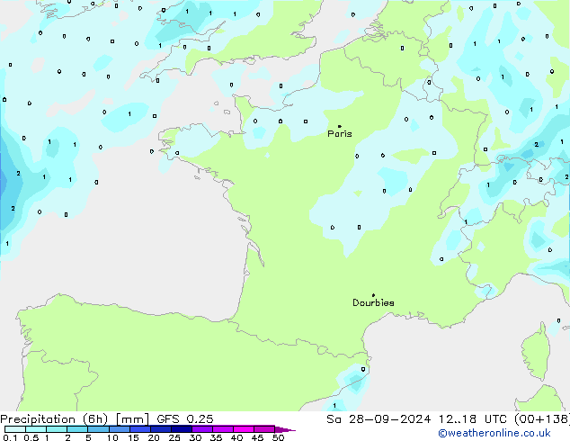 Precipitation (6h) GFS 0.25 So 28.09.2024 18 UTC