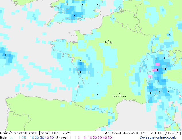 Regen/Schneefallrate GFS 0.25 Mo 23.09.2024 12 UTC