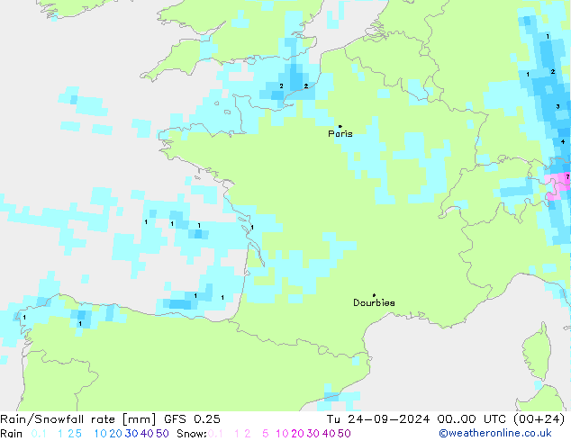 Rain/Snowfall rate GFS 0.25 Tu 24.09.2024 00 UTC