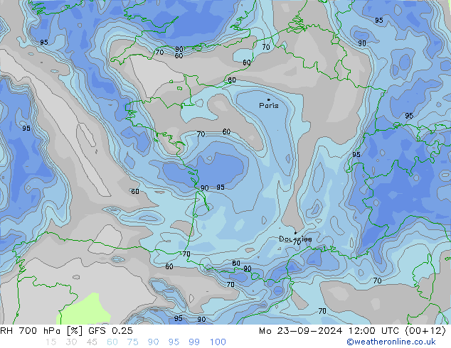 RH 700 hPa GFS 0.25 Mo 23.09.2024 12 UTC