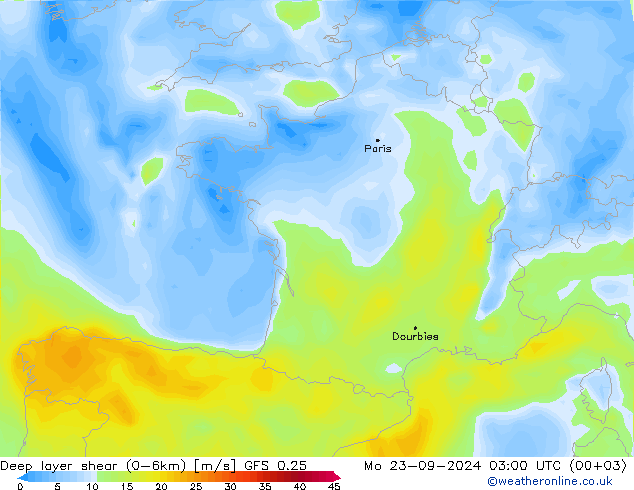 Deep layer shear (0-6km) GFS 0.25 Mo 23.09.2024 03 UTC