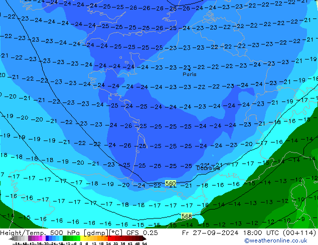 Z500/Rain (+SLP)/Z850 GFS 0.25 pt. 27.09.2024 18 UTC