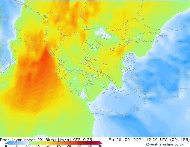 Deep layer shear (0-6km) GFS 0.25 dom 29.09.2024 12 UTC