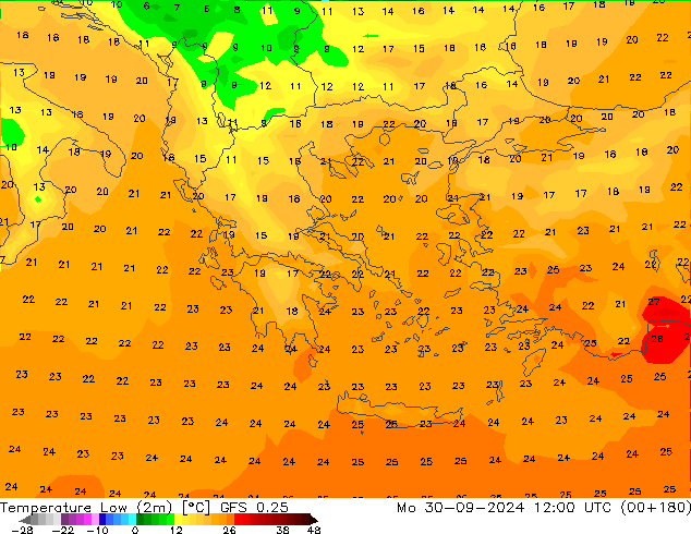 Temperature Low (2m) GFS 0.25 Mo 30.09.2024 12 UTC