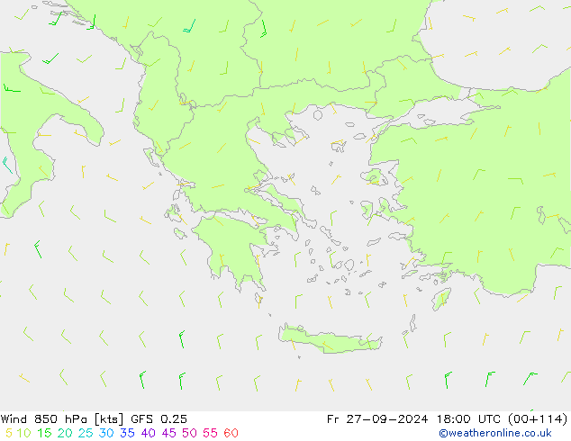 Rüzgar 850 hPa GFS 0.25 Cu 27.09.2024 18 UTC