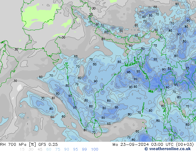 RH 700 hPa GFS 0.25 Mo 23.09.2024 03 UTC