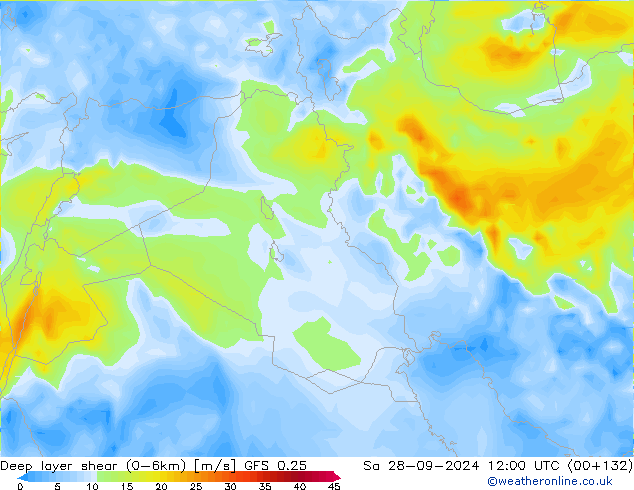 Deep layer shear (0-6km) GFS 0.25 Sa 28.09.2024 12 UTC