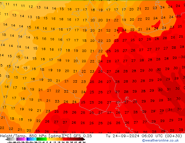 Z500/Rain (+SLP)/Z850 GFS 0.25 Út 24.09.2024 06 UTC