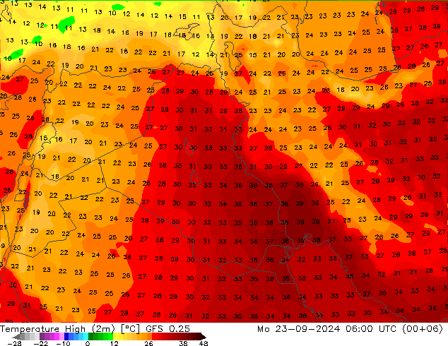 Max.temperatuur (2m) GFS 0.25 ma 23.09.2024 06 UTC