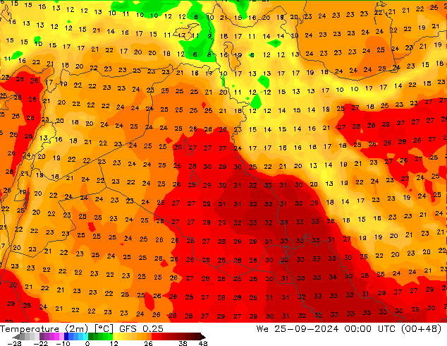 Temperatuurkaart (2m) GFS 0.25 wo 25.09.2024 00 UTC