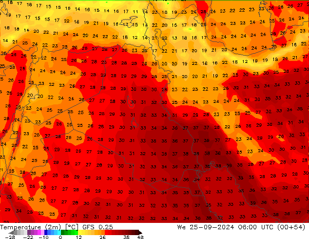 Sıcaklık Haritası (2m) GFS 0.25 Çar 25.09.2024 06 UTC