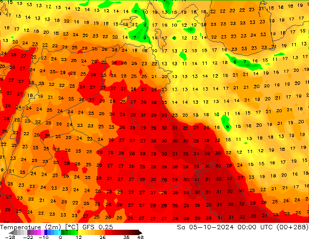 Temperaturkarte (2m) GFS 0.25 Sa 05.10.2024 00 UTC