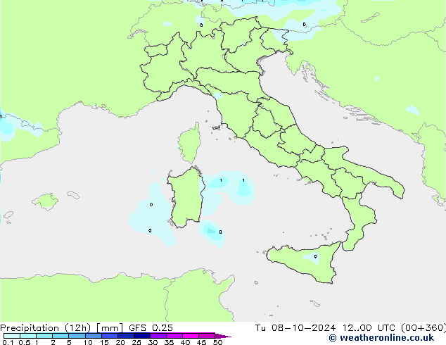 Precipitazione (12h) GFS 0.25 mar 08.10.2024 00 UTC