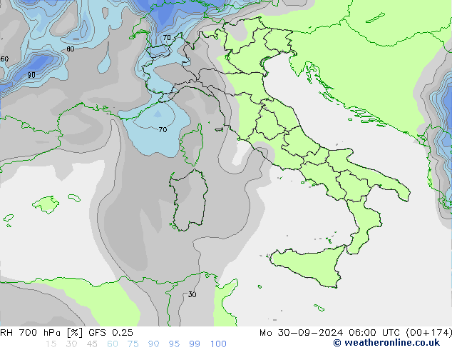 RH 700 hPa GFS 0.25 Po 30.09.2024 06 UTC