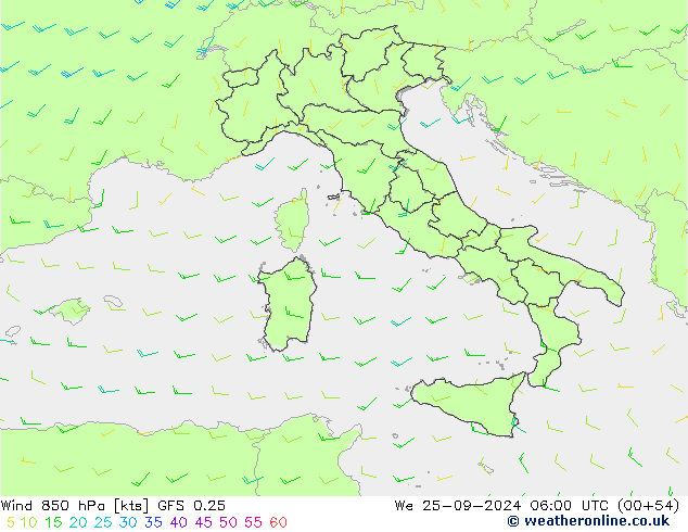 wiatr 850 hPa GFS 0.25 śro. 25.09.2024 06 UTC