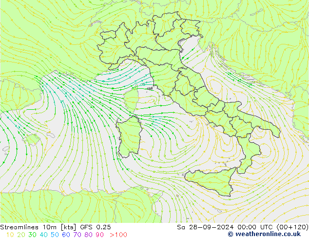 Streamlines 10m GFS 0.25 Sa 28.09.2024 00 UTC