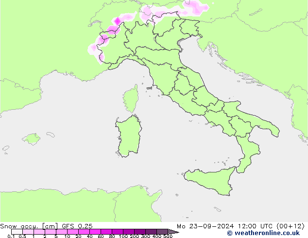 Snow accu. GFS 0.25 Seg 23.09.2024 12 UTC