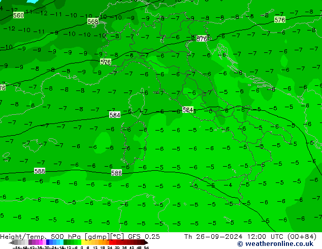 Z500/Rain (+SLP)/Z850 GFS 0.25 czw. 26.09.2024 12 UTC