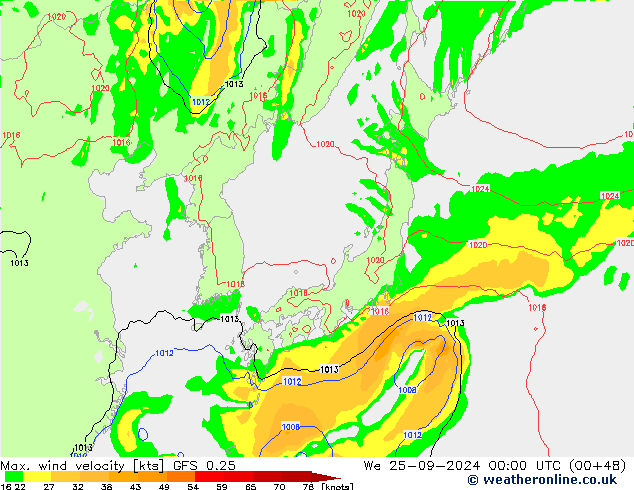 Max. wind snelheid GFS 0.25 wo 25.09.2024 00 UTC