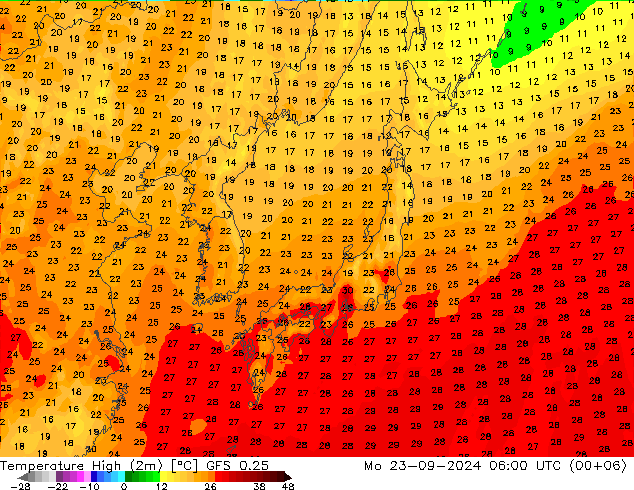 Temperature High (2m) GFS 0.25 Mo 23.09.2024 06 UTC