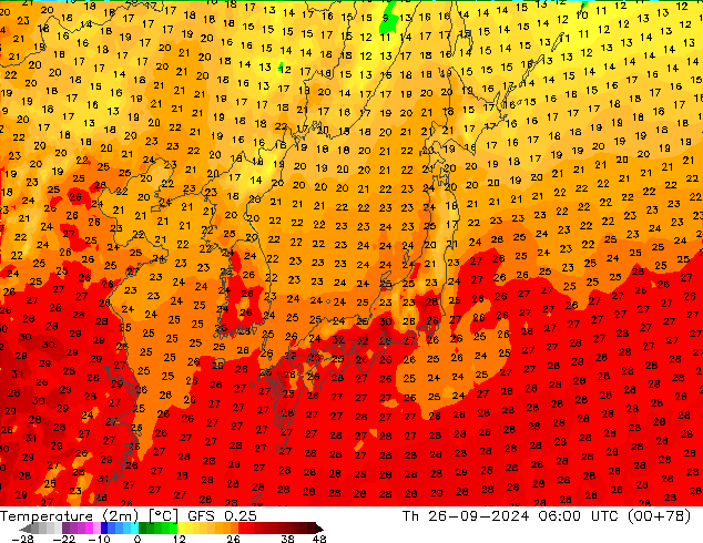 Temperature (2m) GFS 0.25 Th 26.09.2024 06 UTC