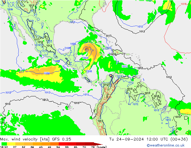 Max. wind velocity GFS 0.25 Tu 24.09.2024 12 UTC