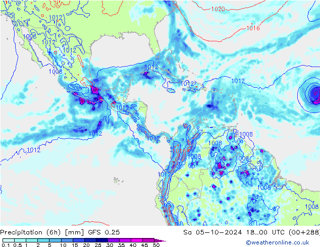 Totale neerslag (6h) GFS 0.25 za 05.10.2024 00 UTC