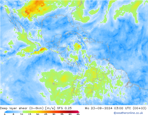 Deep layer shear (0-6km) GFS 0.25 Mo 23.09.2024 03 UTC