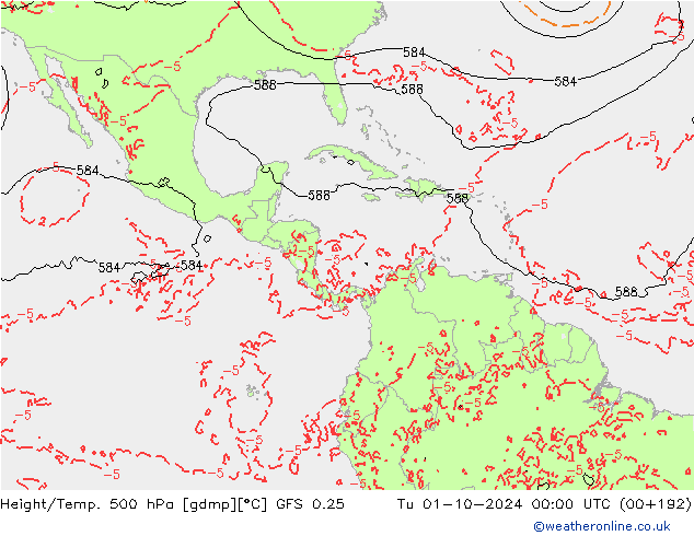 Z500/Rain (+SLP)/Z850 GFS 0.25 Ter 01.10.2024 00 UTC