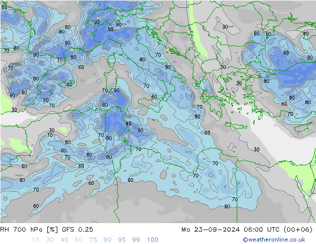 RH 700 hPa GFS 0.25 pon. 23.09.2024 06 UTC