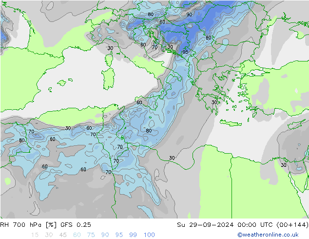 RH 700 hPa GFS 0.25 Su 29.09.2024 00 UTC