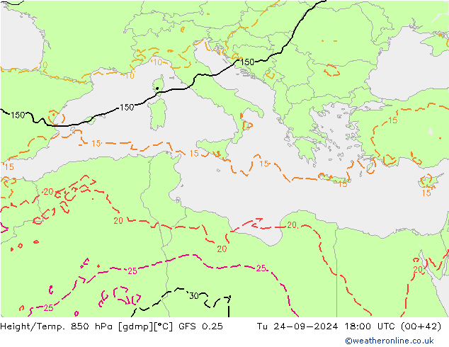 Z500/Rain (+SLP)/Z850 GFS 0.25 Tu 24.09.2024 18 UTC