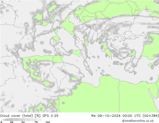 Cloud cover (total) GFS 0.25 We 09.10.2024 00 UTC