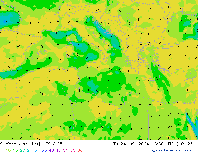 Wind 10 m GFS 0.25 di 24.09.2024 03 UTC