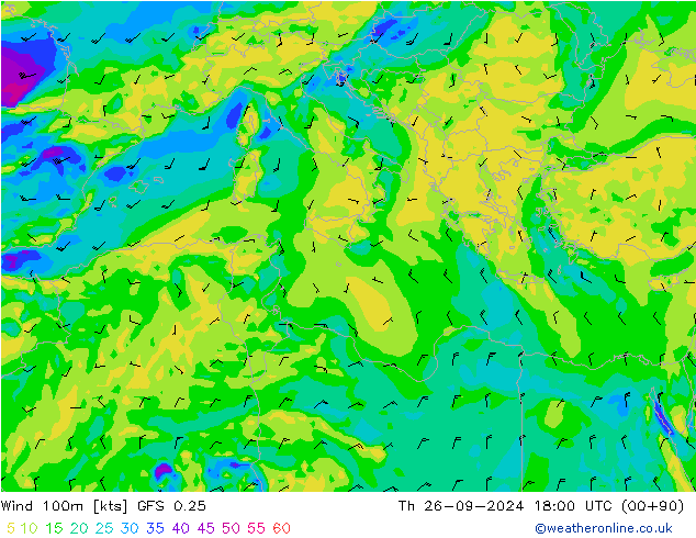 wiatr 100m GFS 0.25 czw. 26.09.2024 18 UTC