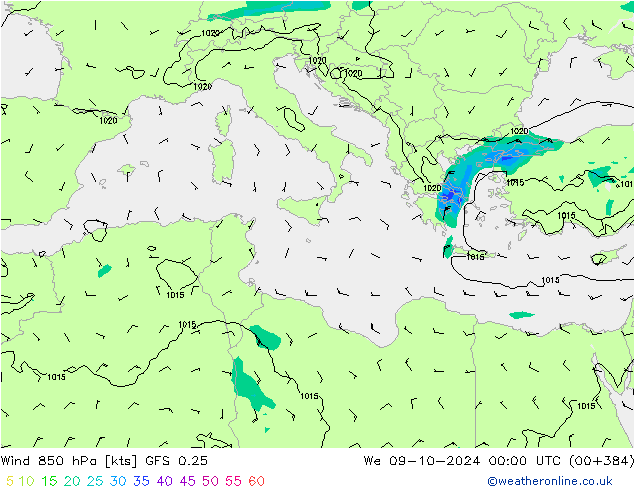 Wind 850 hPa GFS 0.25 We 09.10.2024 00 UTC