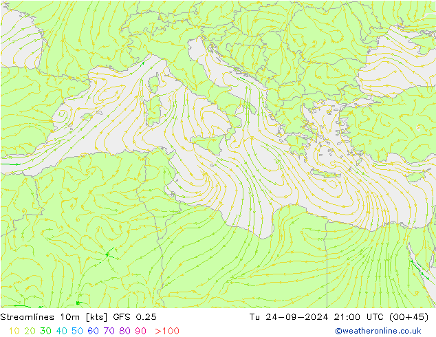 Streamlines 10m GFS 0.25 Út 24.09.2024 21 UTC