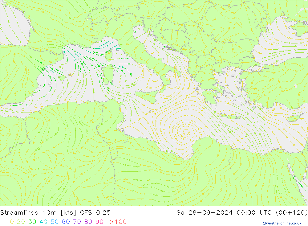 Streamlines 10m GFS 0.25 Sa 28.09.2024 00 UTC