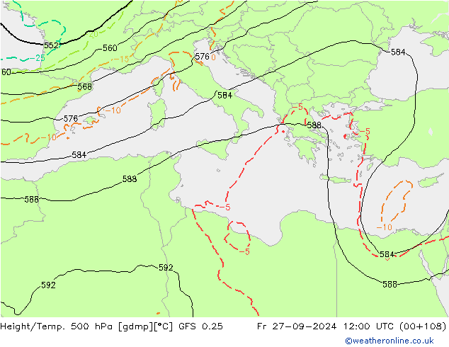 Z500/Rain (+SLP)/Z850 GFS 0.25 vie 27.09.2024 12 UTC