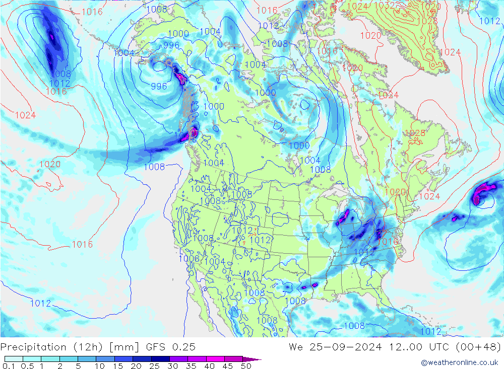 Precipitation (12h) GFS 0.25 We 25.09.2024 00 UTC