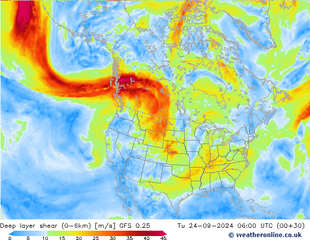 Deep layer shear (0-6km) GFS 0.25 Ter 24.09.2024 06 UTC