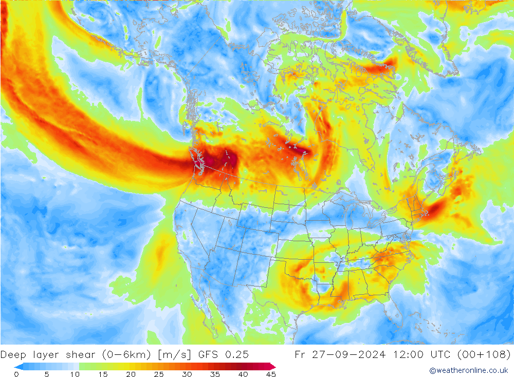 Deep layer shear (0-6km) GFS 0.25 Fr 27.09.2024 12 UTC