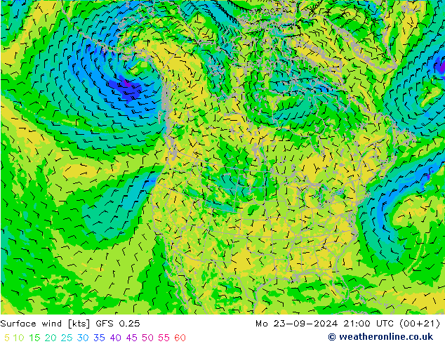 Vent 10 m GFS 0.25 lun 23.09.2024 21 UTC