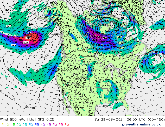 Wind 850 hPa GFS 0.25 Su 29.09.2024 06 UTC