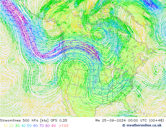 Streamlines 500 hPa GFS 0.25 We 25.09.2024 00 UTC