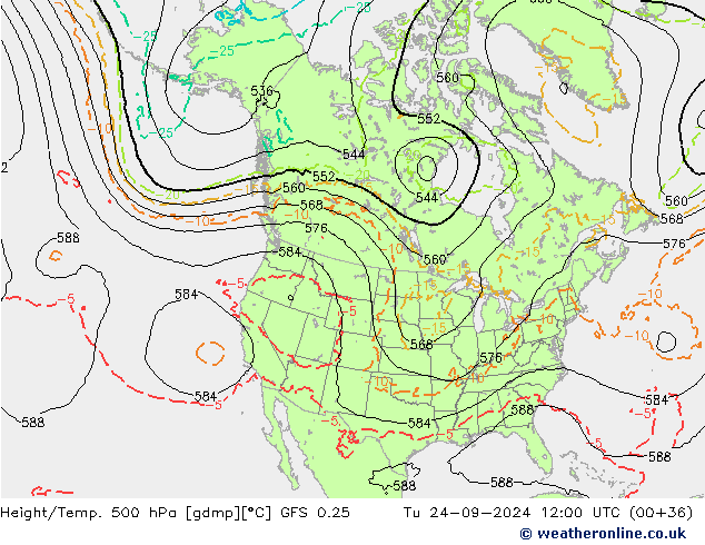 Z500/Rain (+SLP)/Z850 GFS 0.25  24.09.2024 12 UTC