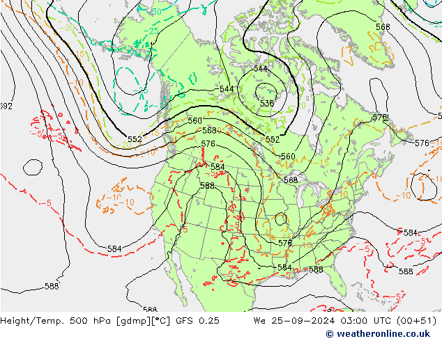 Z500/Rain (+SLP)/Z850 GFS 0.25 Qua 25.09.2024 03 UTC